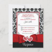 Carte RSVP Red, Black Damask Love Hearts