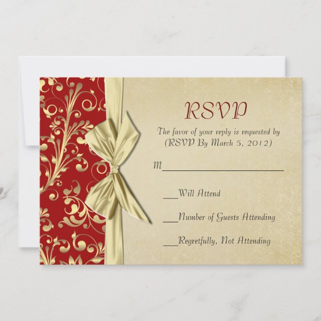 Carte RSVP Red/Gold pour ruban de Noël Damask (Devant)