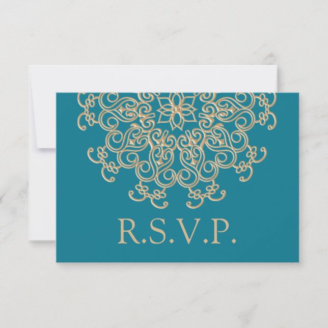 CARTE RSVP RÉPONSE INDIENNE AQUAMARINE BLEU ET OR (Devant)
