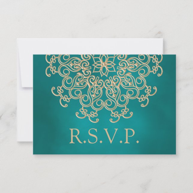 CARTE RSVP RÉPONSE INDIENNE turquoise ET OR (Devant)
