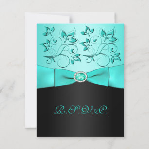 Carte RSVP RIBBON Aqua, Black Floral II IMPRIMÉE
