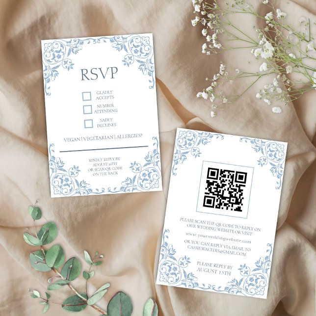 Carte RSVP romantique Shabby Chic Bleu et Blanc (Romantic blue and white shabby coastal chic elegant qr code wedding rsvp cards for vintage classic)