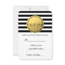 Carte RSVP ronde à rayures noires et blanches avec