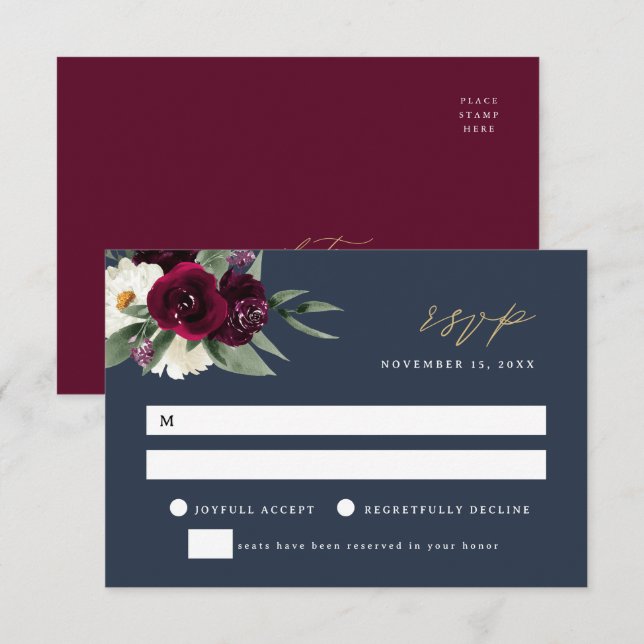 Carte RSVP ROSA Elegant Navy & Burgundy Wedding (Devant / Derrière)