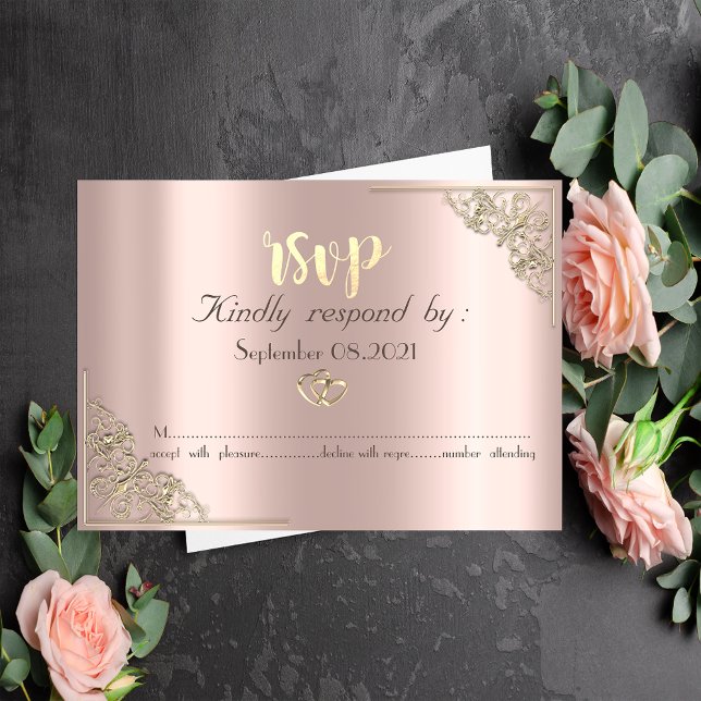 Carte RSVP Rose Gold Cœurs Dorés Élégants (Créateur téléchargé)