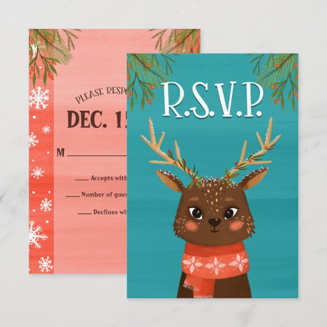 Carte RSVP rouge rouge cerf Noël (Devant / Derrière)