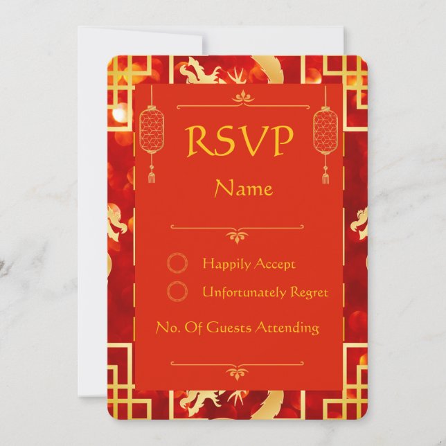 Carte RSVP Roundé Mariage Dragon Rouge et Or (Devant)