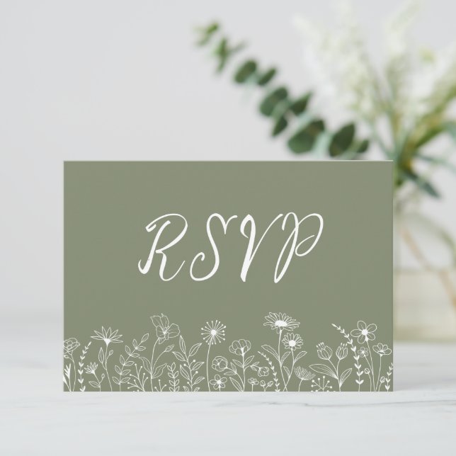 Carte RSVP Russe Boho Fleur sauvage Floral Sage Gr (Debout devant)