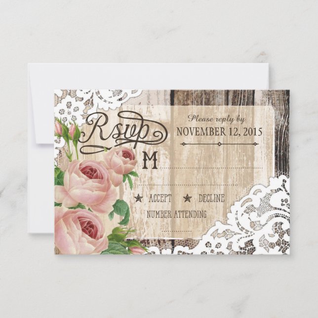 Carte RSVP Russe rose en bois et dentelle (Devant)