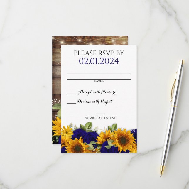 Carte RSVP Russe Roses de la Marine Mariage de aut (Devant/Arrière en situation)