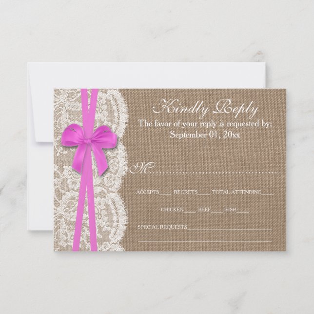 Carte RSVP Rustic Pink Bow Mariage Collection (Devant)