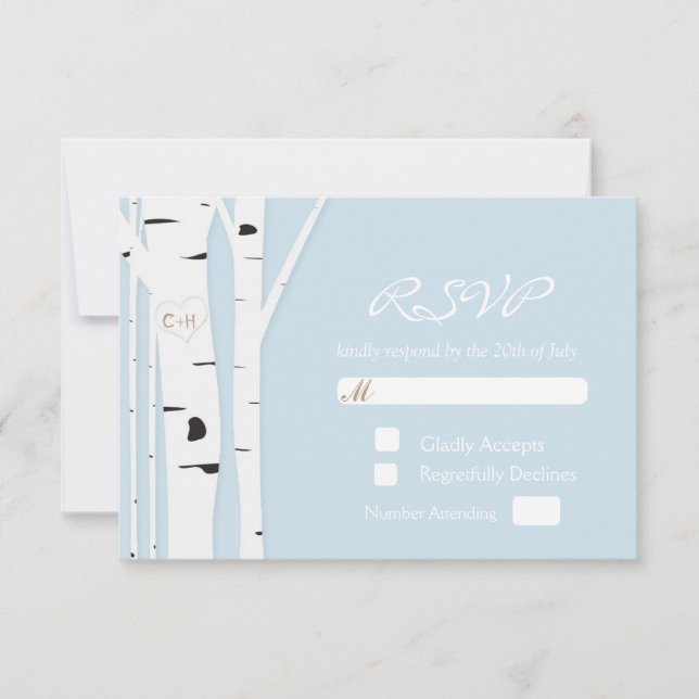 Carte RSVP Rustique Birch Tree Coeur Icy Blue Wedd (Devant)