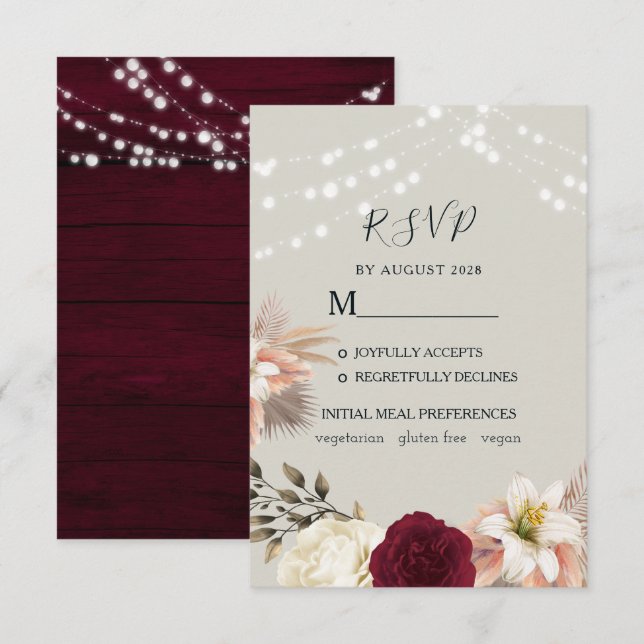 Carte RSVP Rustique Floral Burgundy Wedding (Devant / Derrière)