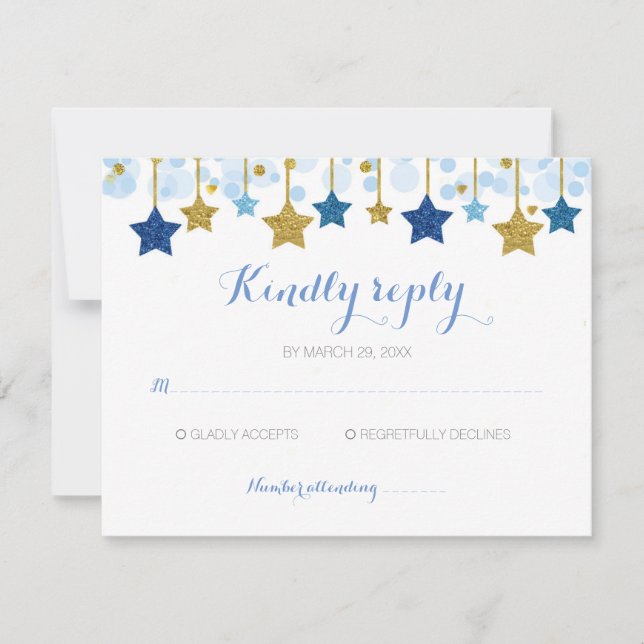 Carte RSVP scintillante Blue & Gold Stars (Devant)