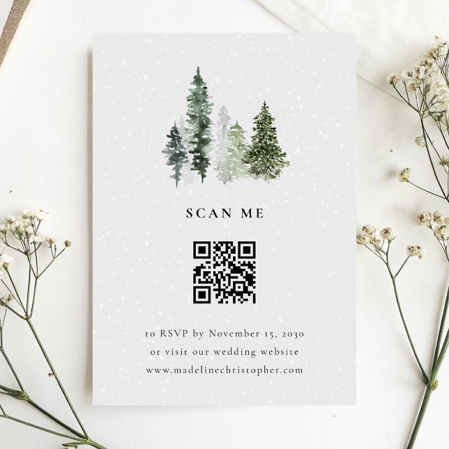 Carte RSVP simple Mariage de forêt d'hiver QR Code (Créateur téléchargé)