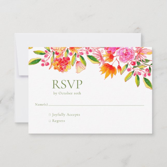 Carte RSVP simple mariage rose orange vert floral (Devant)