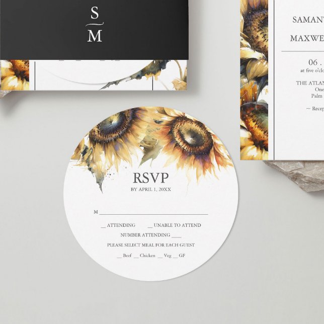 Carte RSVP Tournesol rond Invitations empilables (Stacked wedding invitations with rsvp rustic watercolor sunflower design by Do Tell A Belle.)