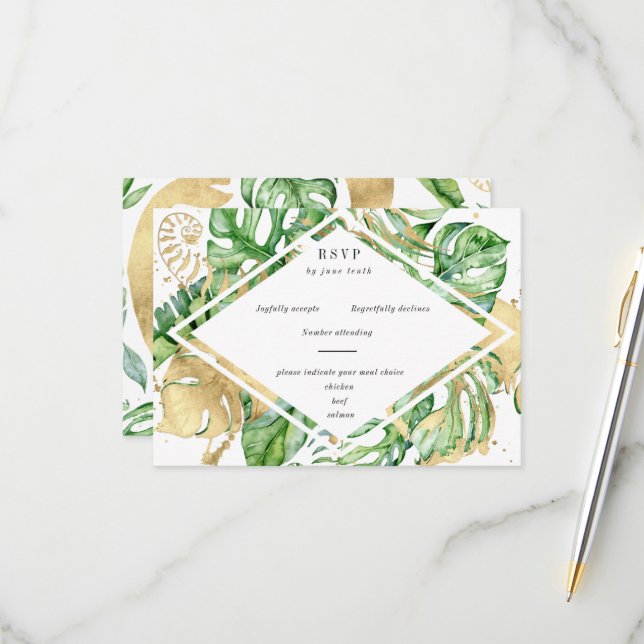 Carte RSVP Tropical Golden Foliage (Devant/Arrière en situation)