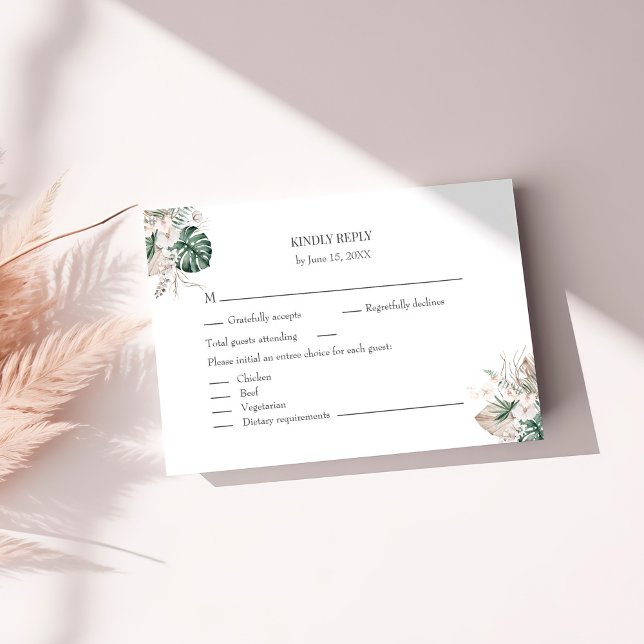 Carte RSVP Tropical Orchid and Monstera (Tropical Orchid and Monstera RSVP Card on a sunny white table.
)