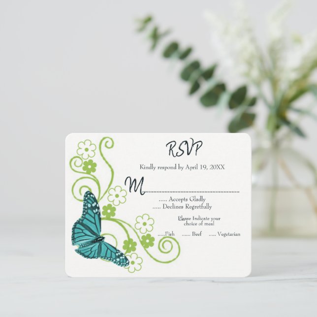 Carte RSVP turquoise de mariage floral papillon (Debout devant)