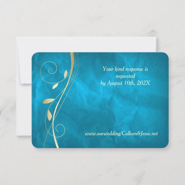 Carte RSVP Turquoise de mariage Gold Leaf Swirl bl (Devant)