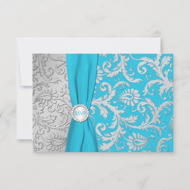 Carte RSVP Turquoise et Argent Damask (Devant)
