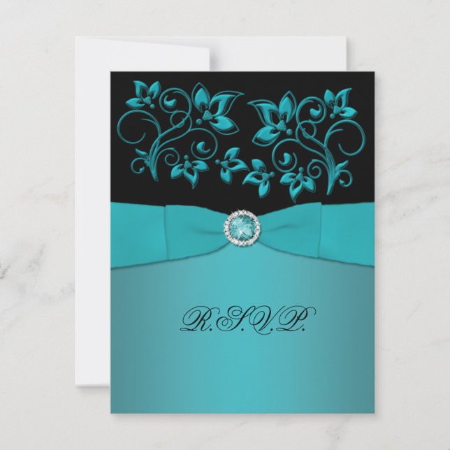 Carte RSVP turquoise et noire à bijoux floraux (Devant)