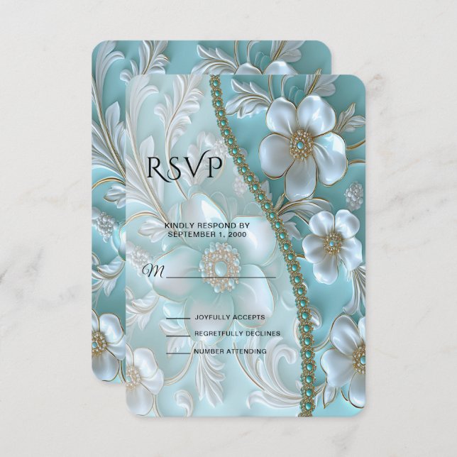 Carte RSVP turquoise Florale (Devant / Derrière)