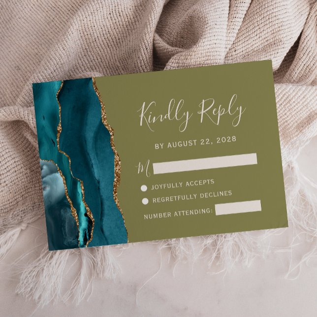 Carte RSVP turquoise Gold Agate Olive Green Weddin (Créateur téléchargé)