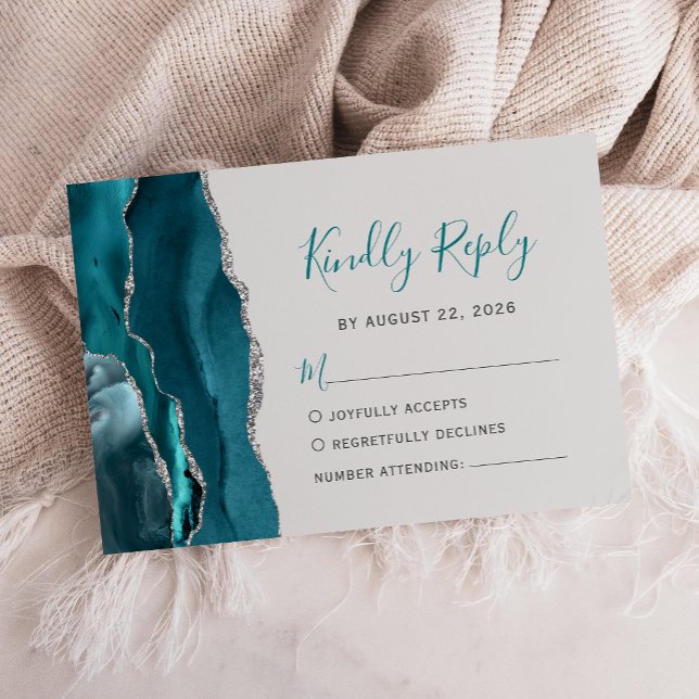 Carte RSVP Turquoise moderne Gris Gris Agate Argen (Créateur téléchargé)