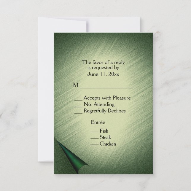 Carte RSVP verte chatoyante avec menu (Devant)