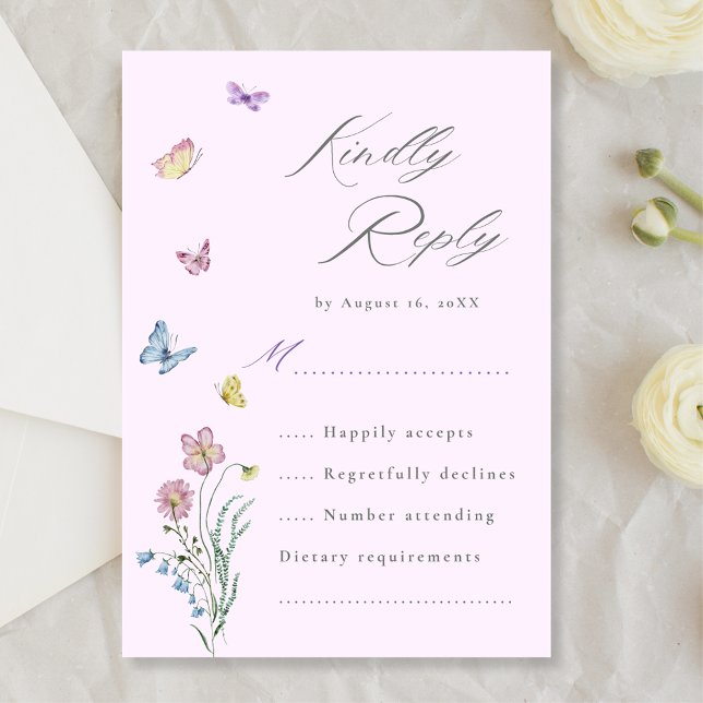 Carte RSVP violet Boho Fleur sauvage Papillon Mari (Créateur téléchargé)