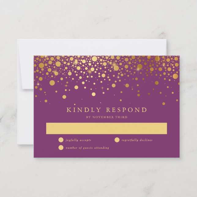 Carte RSVP violet Faux Gold Foil Confetti Dots (Devant)