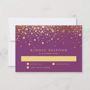 Carte RSVP violet Faux Gold Foil Confetti Dots
