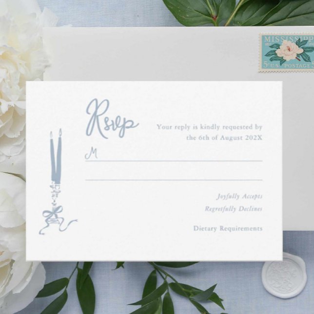 Carte RSVP Whimsical Dusty Blue Wedding (dusty blue hand drawn rsvp card, modern vintage inspired illustrated blue response card, )