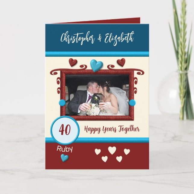 Carte Ruby 40e anniversaire ajouter des noms photo bleu (Devant)