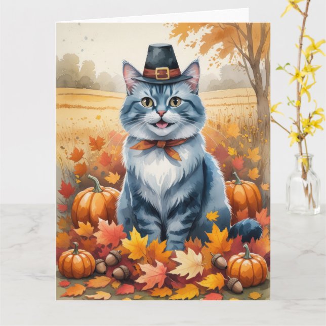 Carte Russe Bleu Chat Automne quitte Thanksgiving Art (Fleur jaune)
