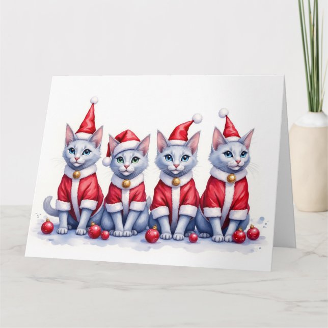 Carte Russian Blue Cat Christmas Dress Santa Hat (Devant)