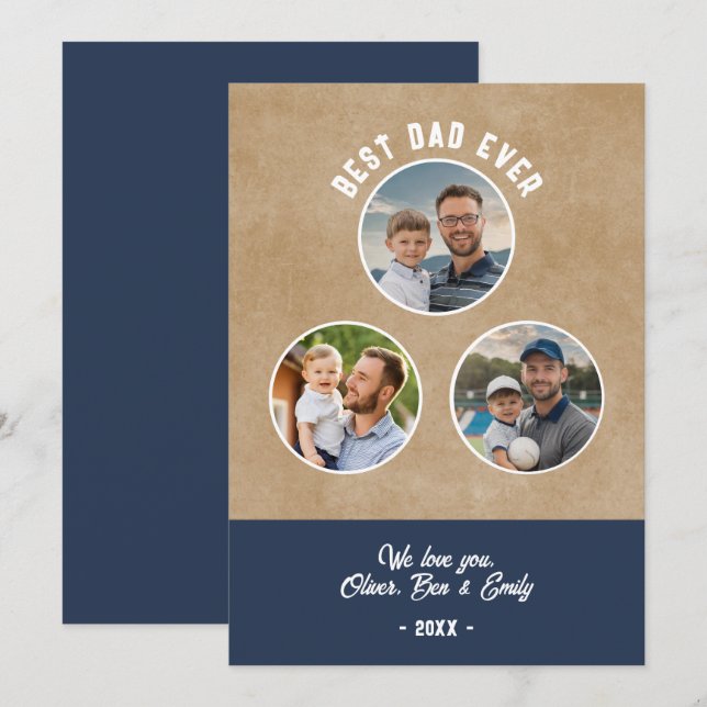 Carte Rustic Best Papa 3 Photos Père`s Day Keepsaké (Devant / Derrière)