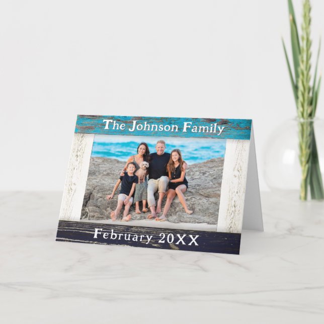 Carte Rustic Blue Wood Frame Family Name Photo (Devant)