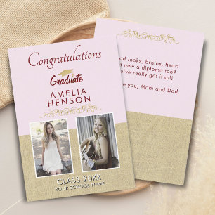 Carte Rustic Gold Pink Graduate 2 Diplôme photo