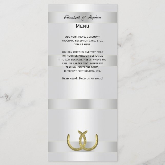 Carte Rustic Golden Horseshoes Silver Wht Menu Car (Devant)