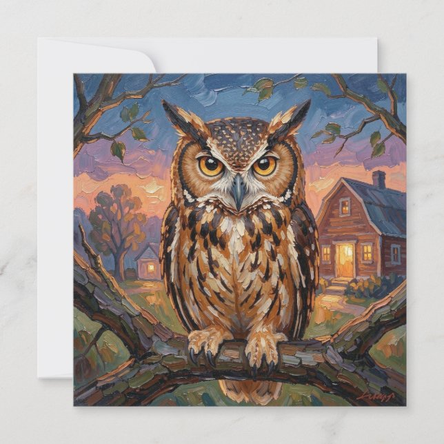 Carte Rustic Impasto Great Horned Owl Blank (Devant)