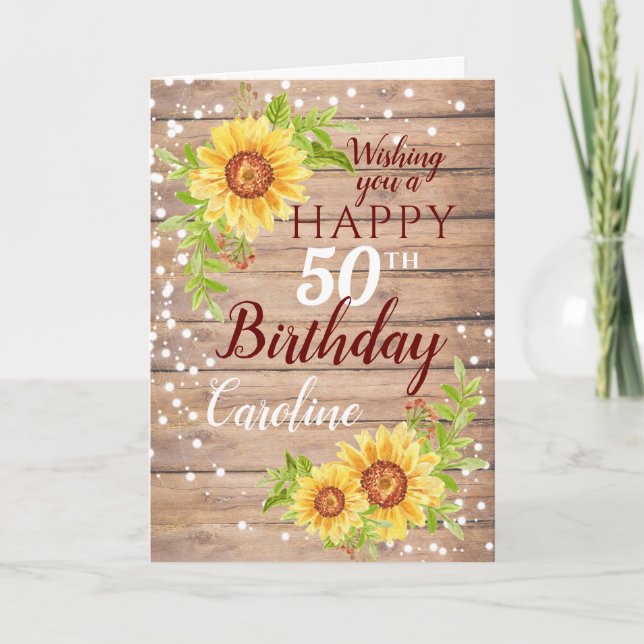 Carte Rustic Joyeux 50e anniversaire floral tournesol (Devant)