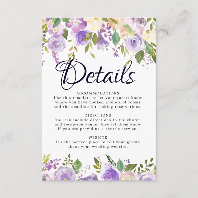 Carte Rustic Purple Cream Floral Mariage Détails (Devant)
