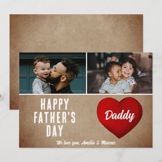 Carte Rustic Red Heart Bonne Fête des pères Papa 2 Photo (Devant / Derrière)
