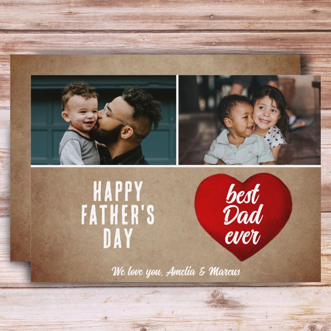 Carte Rustic Red Heart Meilleur Papa Jamais Papa 2 Photo (Créateur téléchargé)