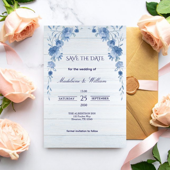 Carte Rustic Wood  Blue Floral Elegant Save the Date (Créateur téléchargé)