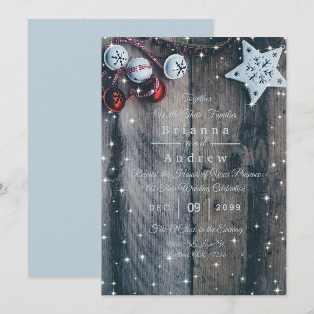 Carte Rustic Wood Country Christmas Star Bells Mariage (Devant / Derrière)