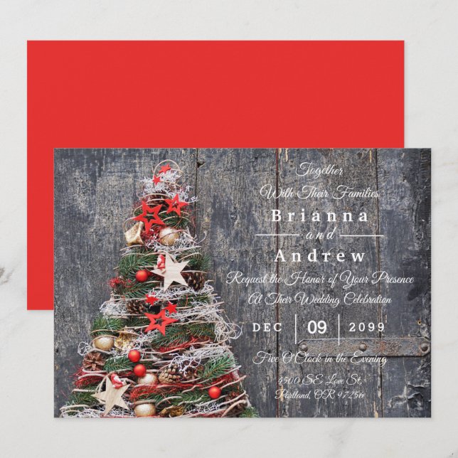 Carte Rustic Wood Country Christmas Tree Stars Mariage (Devant / Derrière)